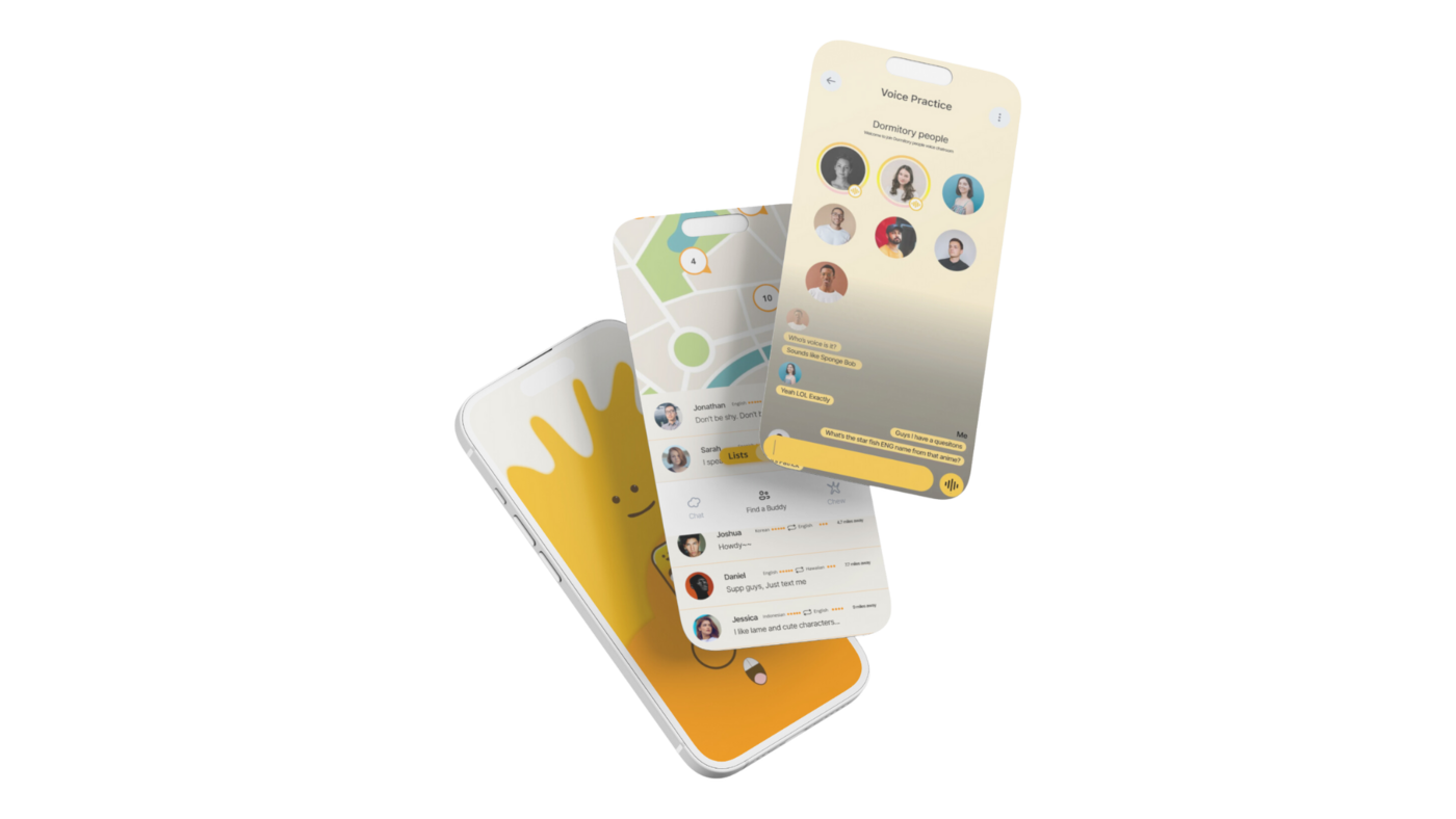 ChewChat app screens: voice practice, buddy map, and the Chew mascot